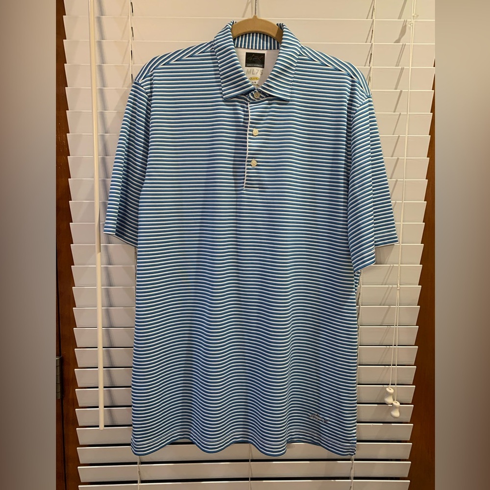 Men's Golf Shirt Polo Greg Norman Play Dry Short Sleeve sz L Blue Stripe